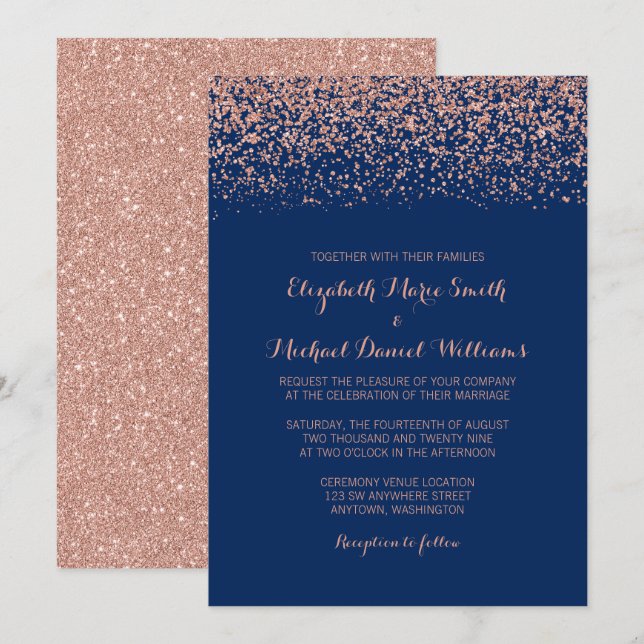 Modern Faux Rose Gold Navy Blue Glitter Wedding Invitation (Front/Back)