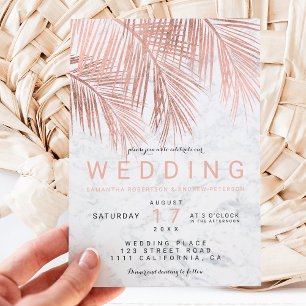 Modern faux rose gold palm tree marble wedding invitation