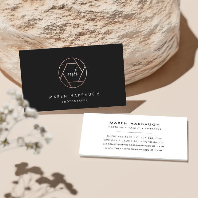 Modern Faux Rose Gold Photographer Monogram Logo Business Card (Creator Uploaded)