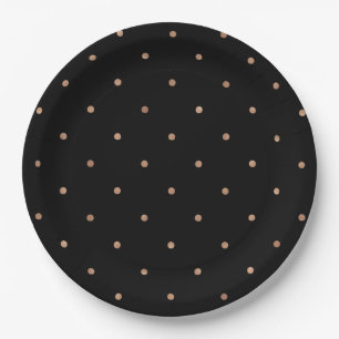 Modern Faux Rose Gold Polka Dots on Black Paper Plate