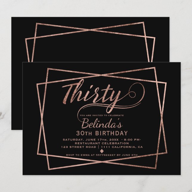 Modern faux rose gold script black thirty invitation (Front/Back)