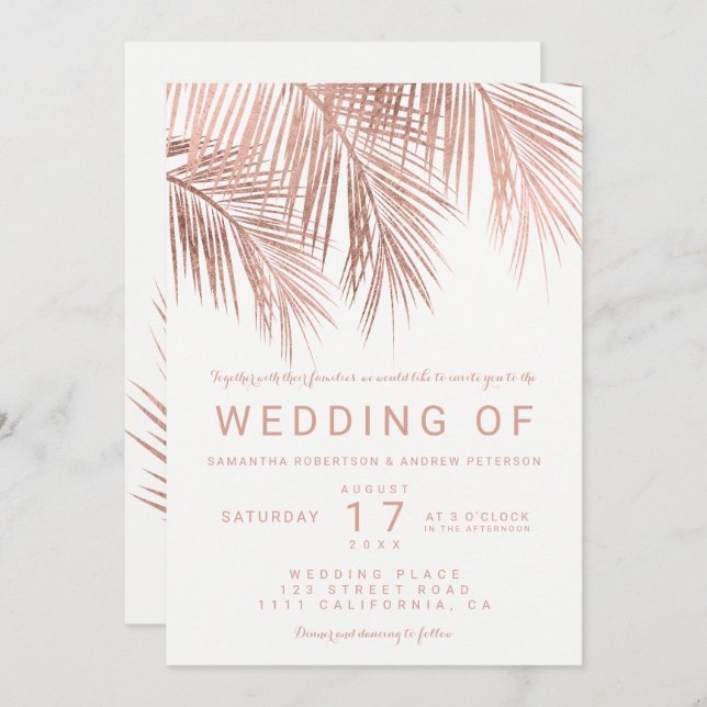 Modern faux rose gold tropical palm tree wedding  invitation (Front/Back)