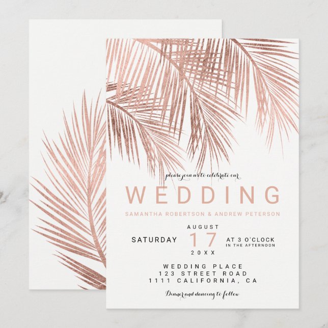 Modern faux rose gold tropical palm tree wedding invitation (Front/Back)