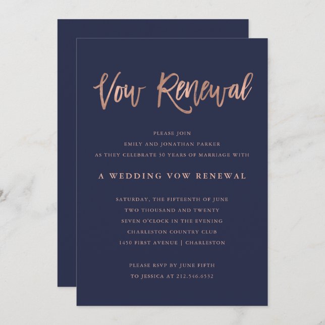Modern Faux Rose Gold Wedding Vow Renewal Invitation (Front/Back)