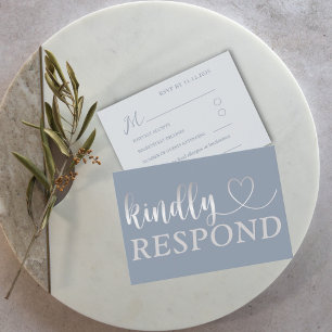 Modern Faux Silver & Dusty Blue Wedding RSVP Card