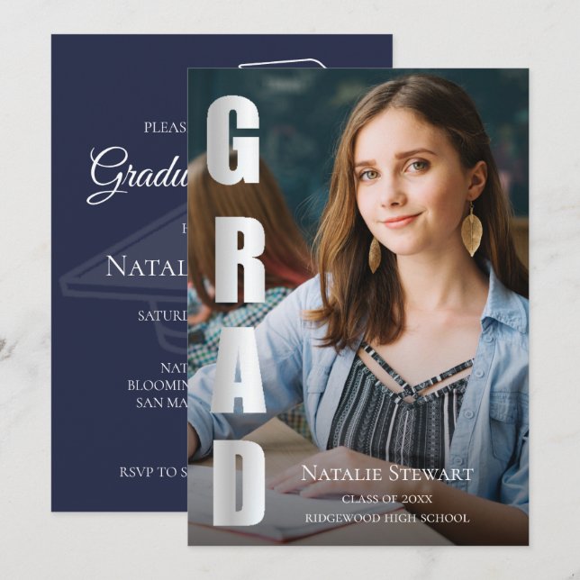 Modern Faux Silver Foil GRAD Photo Graduation Invitation (Front/Back)