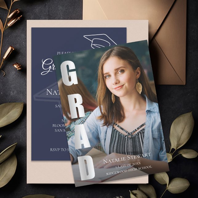Modern Faux Silver Foil GRAD Photo Graduation Invitation (Modern Faux Silver Foil GRAD Photo Graduation Invitation)