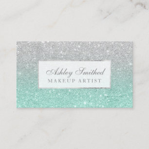 Modern faux silver glitter aqua ombre makeup business card