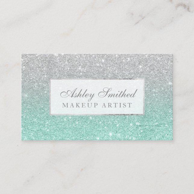 Modern faux silver glitter aqua ombre makeup business card (Front)