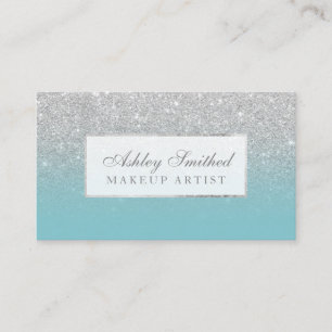 Modern faux silver glitter blue ombre makeup business card