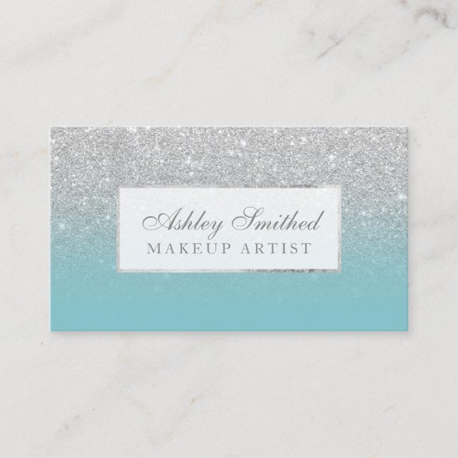 Modern faux silver glitter blue ombre makeup business card (Front)