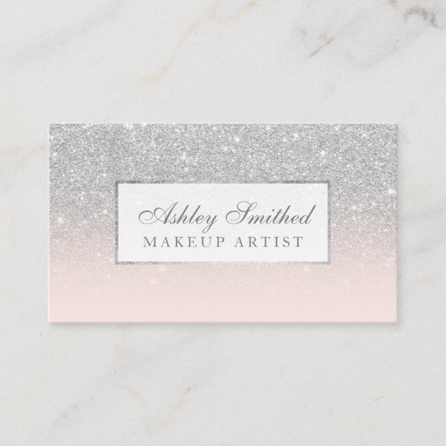 Modern faux silver glitter blush ombre makeup business card (Front)