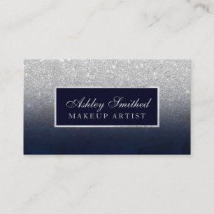 Modern faux silver glitter navy blue ombre makeup business card
