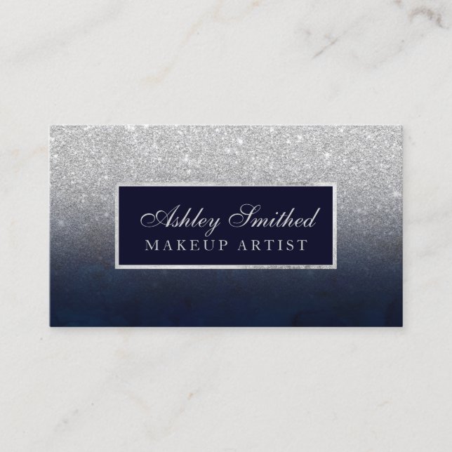 Modern faux silver glitter navy blue ombre makeup business card (Front)