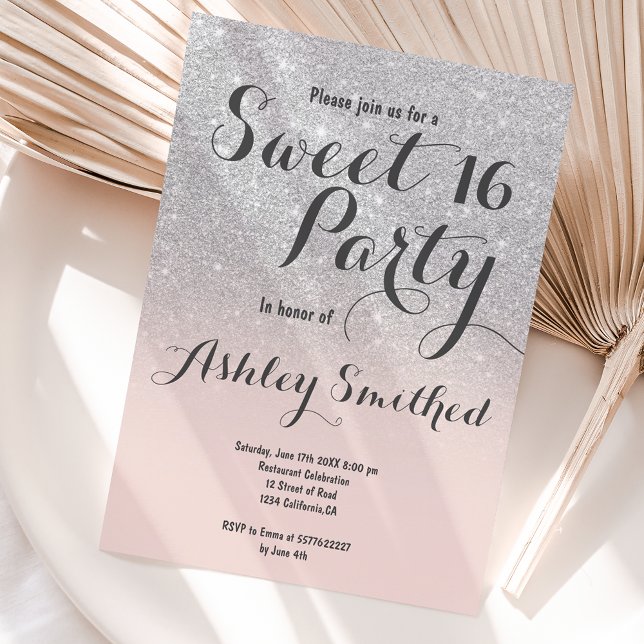 Modern faux silver glitter ombre blush Sweet 16 Invitation (Creator Uploaded)