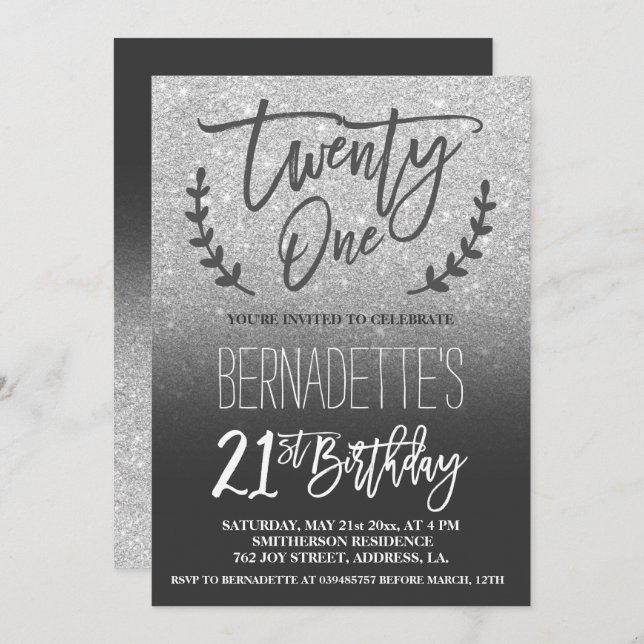 Modern faux silver glitter script 21st Birthday Invitation (Front/Back)