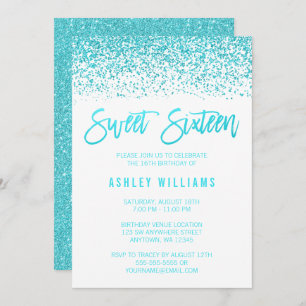 Modern Faux Teal Glitter Sweet 16 Birthday Invite
