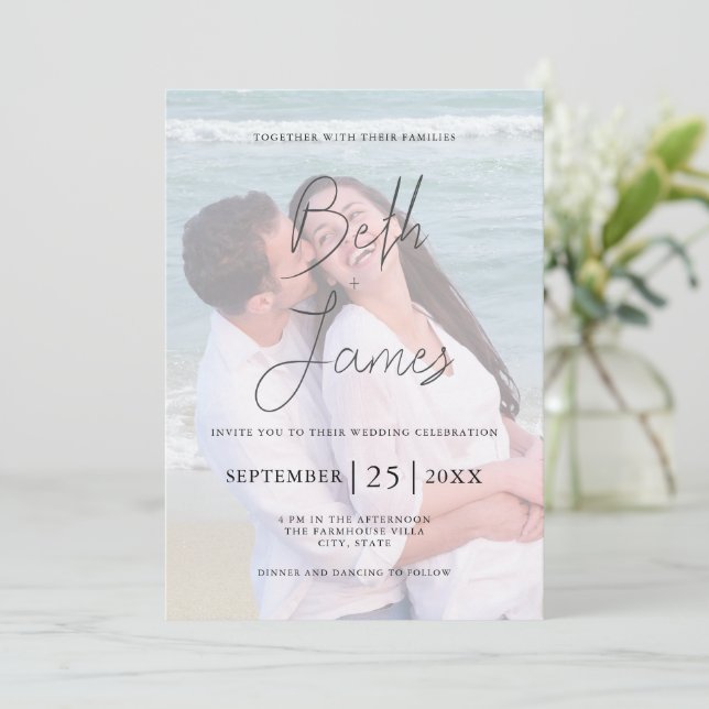 Modern Faux Vellum Photo Tropical Beach Wedding Invitation (Standing Front)