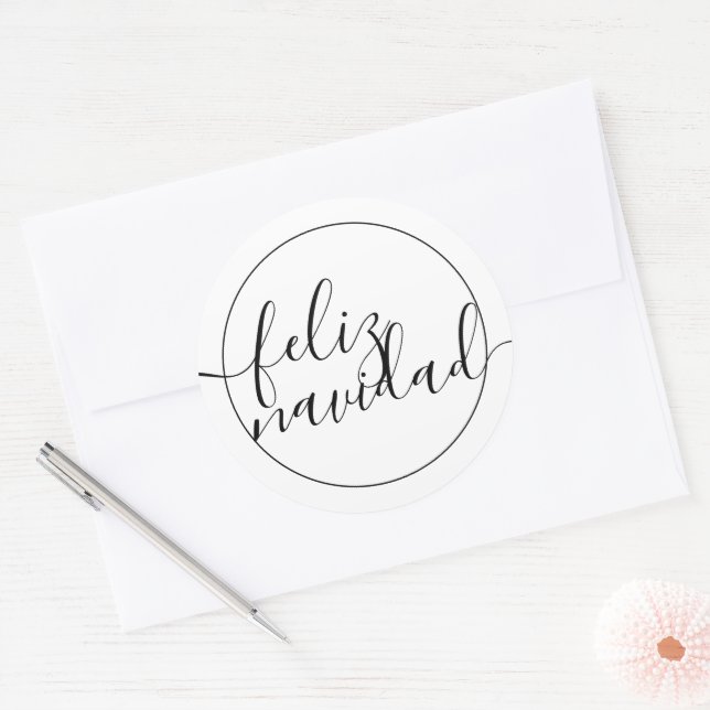 Modern Feliz Navidad Black White Christmas Classic Round Sticker (Envelope)