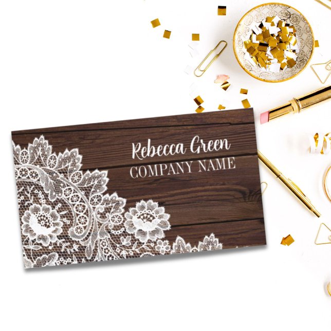 Modern Feminine Girly Rustic White Lace Woodgrain Business Card (Modern Feminine Girly Rustic White Lace Woodgrain Business Card)