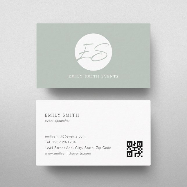 Modern Feminine Sage Monogram QR code Business Card (Creator Uploaded)
