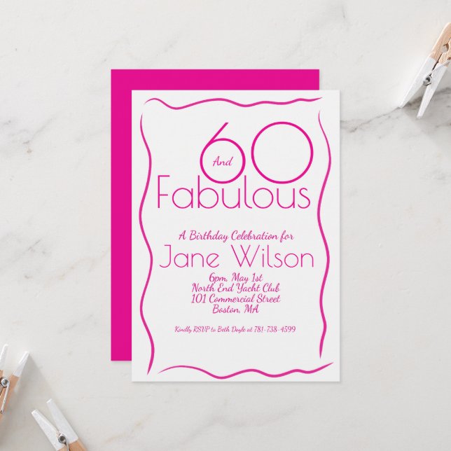 Modern Feminine Script Pink White 60th Birthday Invitation (Front/Back In Situ)