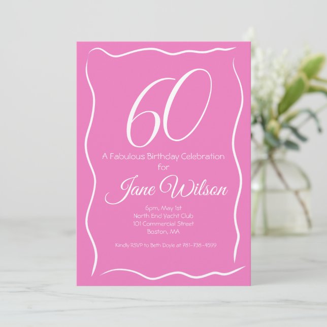Modern Feminine Script Pink White 60th Birthday Invitation (Standing Front)
