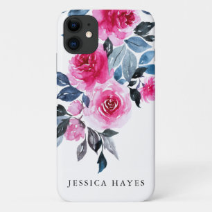 Modern Feminine Watercolor Floral With Your Name iPhone 11 Case
