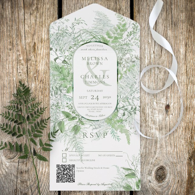 Modern Fern Green Foliage White QR Code All In One Invitation (Also available without a QR code; with or without dinner selection options.)