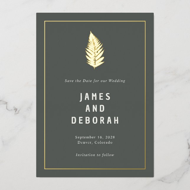Modern Ferns Woodland Wedding Gold Save the Date (Front)