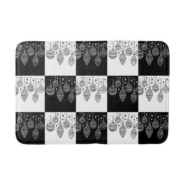 Modern Festive Black and White Christmas Baubles  Bath Mat (Front)