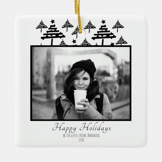 Modern Festive Black and White Photo Holiday Ceramic Ornament (Front)