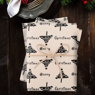 Modern Festive Black Beige Christmas Tree Holiday Wrapping Paper Sheet