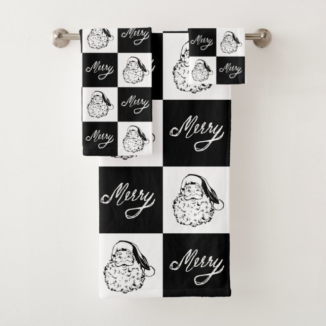 Modern Festive Black White Santa Face Christmas Bath Towel Set (Insitu)