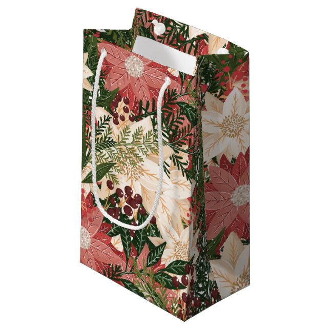 Modern Festive Botanical Poinsettia Holiday Small Gift Bag (Front Angled)