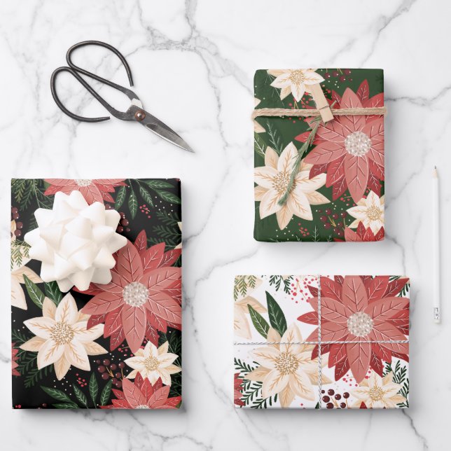 Modern & Festive Botanical Poinsettia Wrapping Paper Sheet (Front)