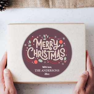 Modern festive burgundy & white Merry Christmas Classic Round Sticker