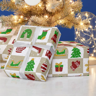 Modern Festive Christmas Grid Pattern Wrapping Paper