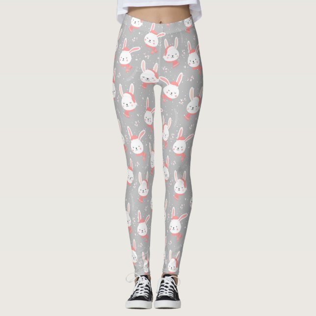 Modern Festive Christmas Holiday Bunny Rabbit Leggings (Front)