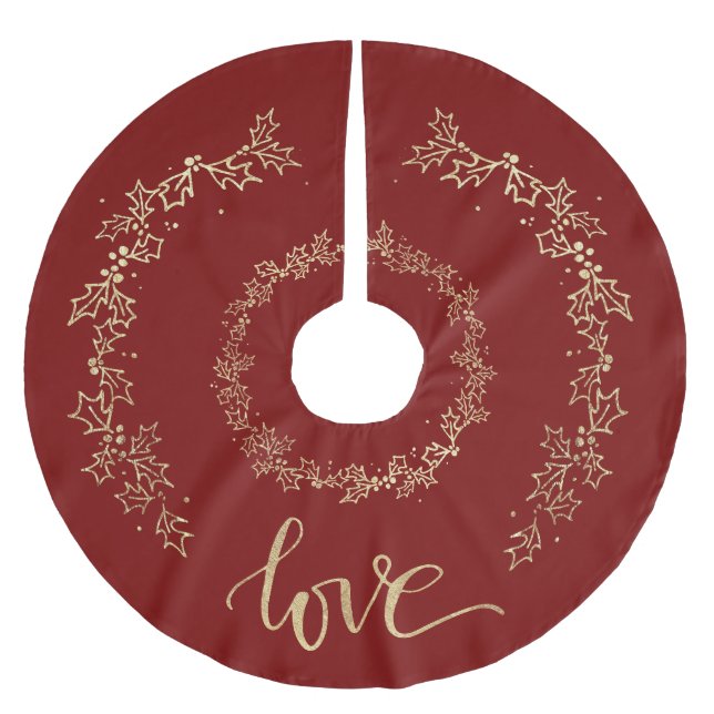 Modern, Festive Christmas Red and Gold Holly, Love Brushed Polyester Tree Skirt (Front)