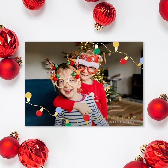 Modern Festive Colourful Christmas Lights One Phot Foil Holiday Card (Creator Uploaded)
