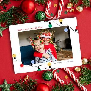 Modern Festive Colourful Christmas Lights One Phot Holiday Card