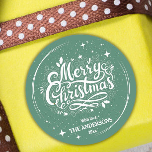 Modern festive cute green & white Merry Christmas Classic Round Sticker