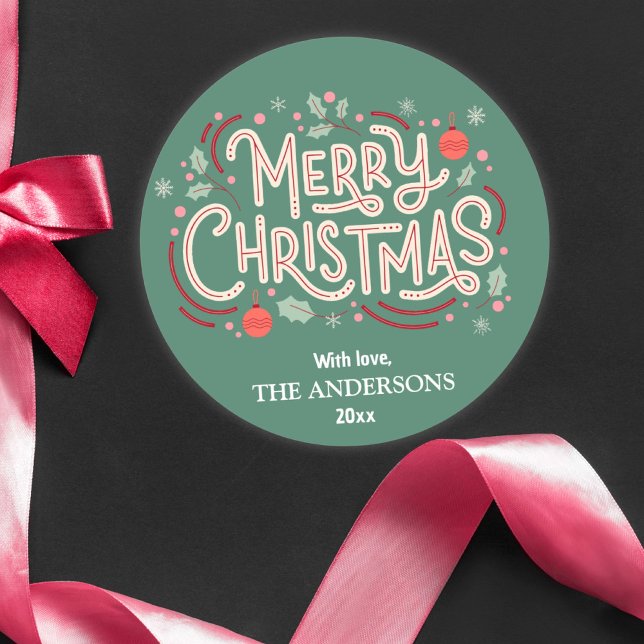 Modern festive cute green & white Merry Christmas Classic Round Sticker (Creator Uploaded)