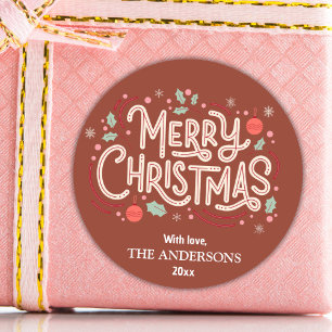 Modern festive cute red & white Merry Christmas C Classic Round Sticker