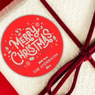 Modern festive cute red & white Merry Christmas Classic Round Sticker