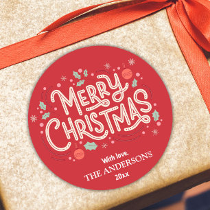 Modern festive cute red & white Merry Christmas  Classic Round Sticker