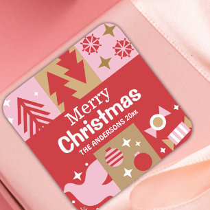 Modern festive cute red & white Merry Christmas Square Sticker