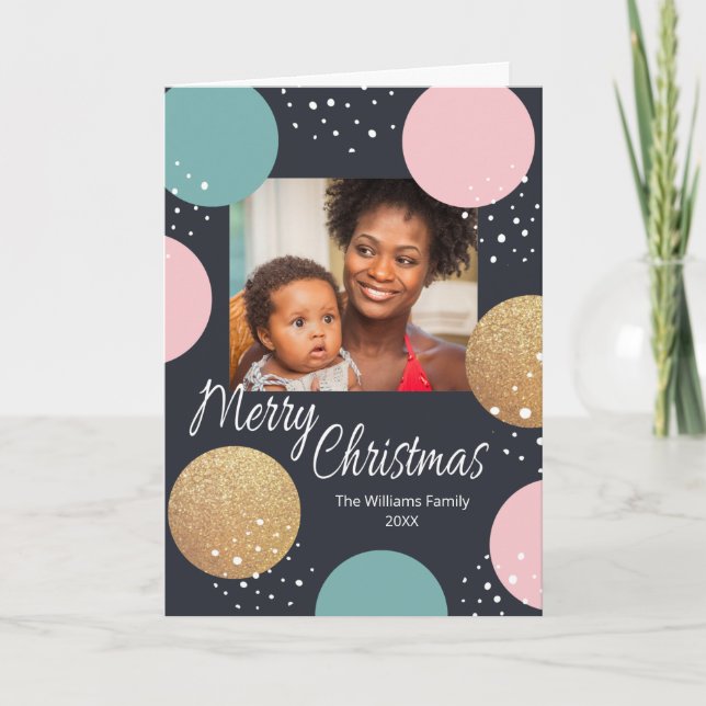 Modern Festive Dots Snowy Photo Christmas Holiday Card (Front)