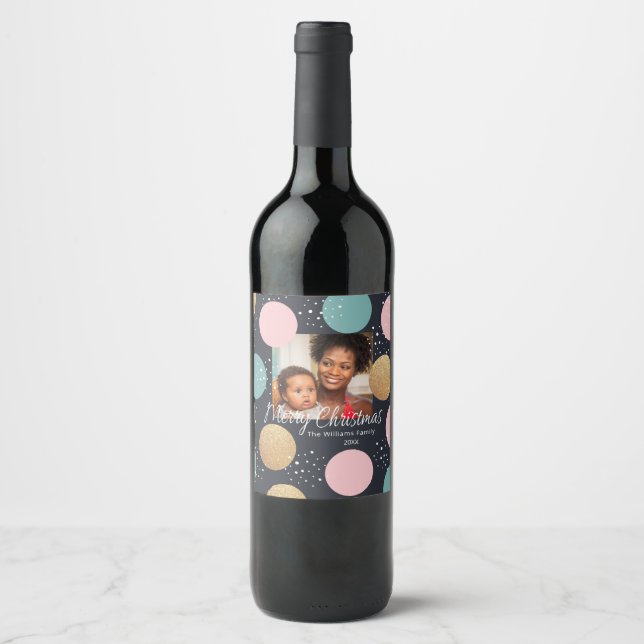 Modern Festive Dots Snowy Photo Christmas Wine Label (Front)